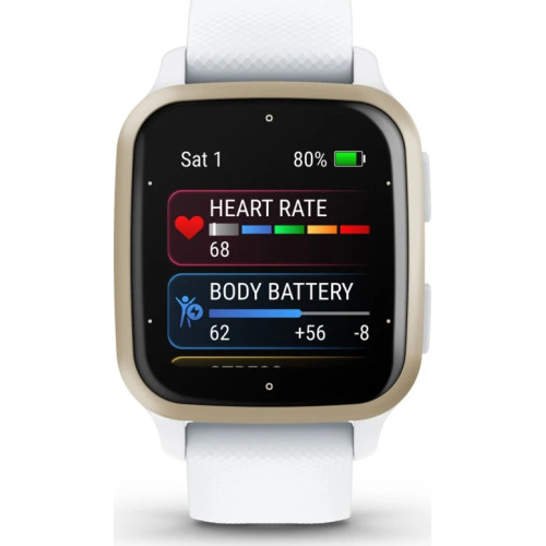 Garmin Venu Sq 2 Cream Gold Aluminum Bezel with White Case and Silicone Band
