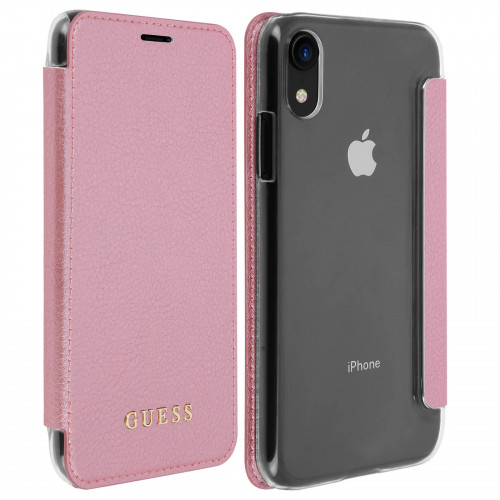 Guess Bundle Leather Book Case Iridescent Rose Gold + Tempered Glass pre Apple iPhone Xr
