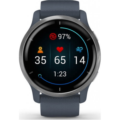 Garmin Venu 2 Silver Stainless Steel Bezel with Granite Blue Case and Silicone Band