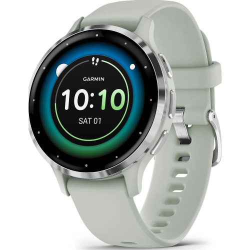 Garmin Venu 3S Silver Stainless Steel Bezel with Sage Gray Case and Silicone Band